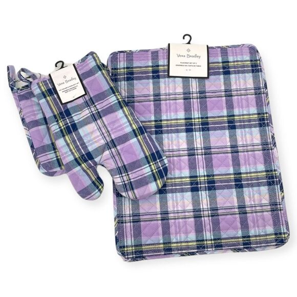 ~Vera Bradley Cotton Pot Holder & Oven Mitt Set in Amethyst Plaid NWT - Picture 1 of 8